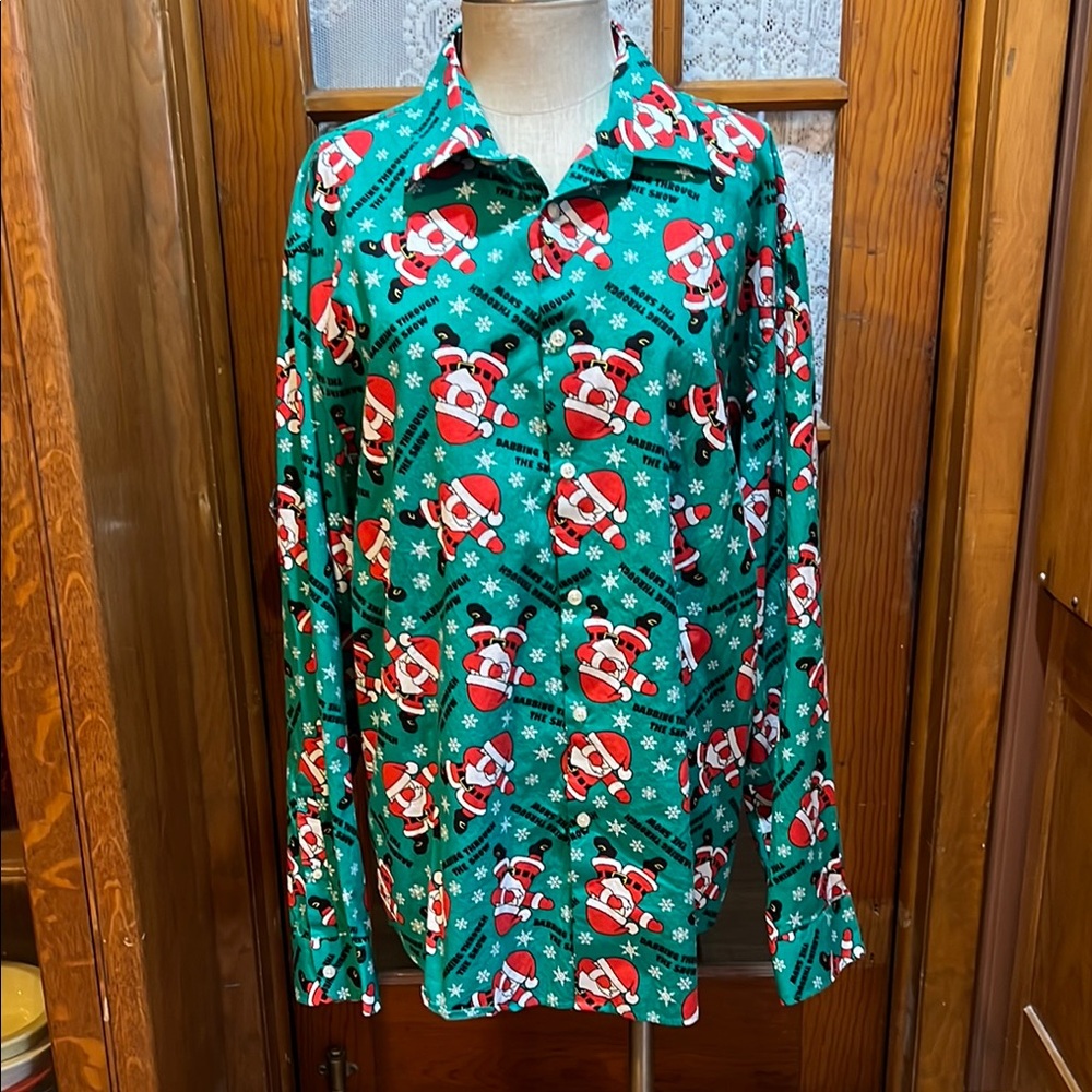 Green and Red Casual Button Down Shirt with Santa Print